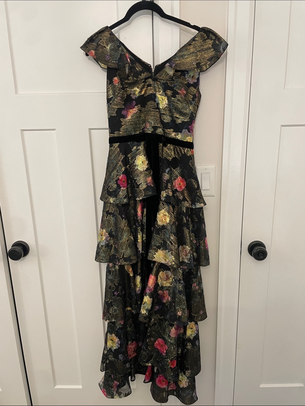 Marchesa Notte Black Metallic Floral Evening Gown